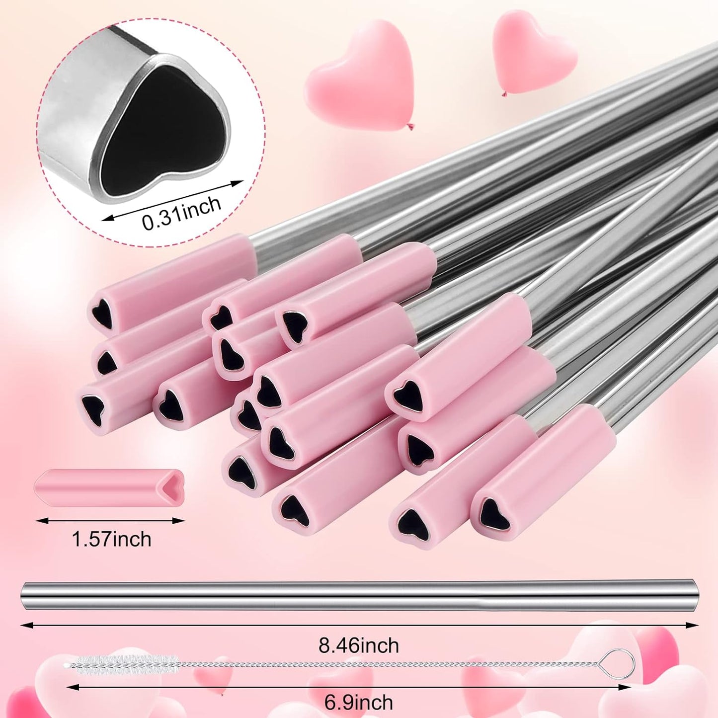 4 Pack - Light Pink Heart Shaped 8.5 inch Stainless-Steel Straws