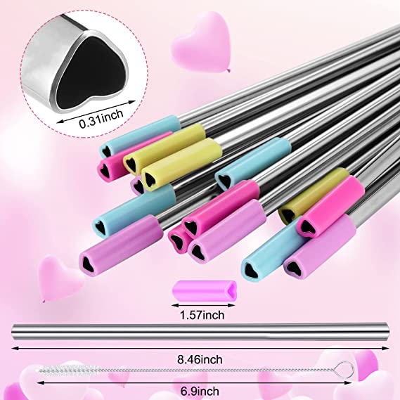 4 Pack - Heart Shaped 8.5 inch Stainless Steel Straws